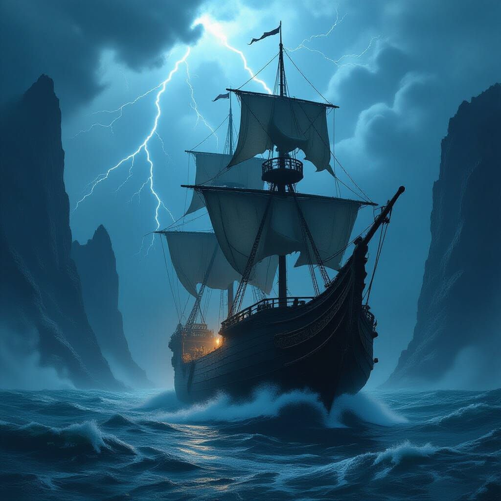 Ancient Ship Battles Stormy Seas Under Lightning Sky