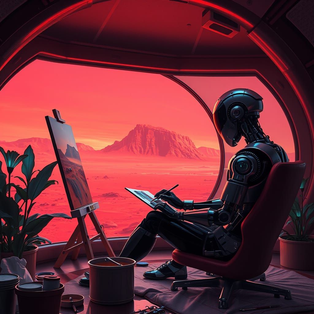 Painter in Mars Dome Captures Red Landscape Under Coral Sky
