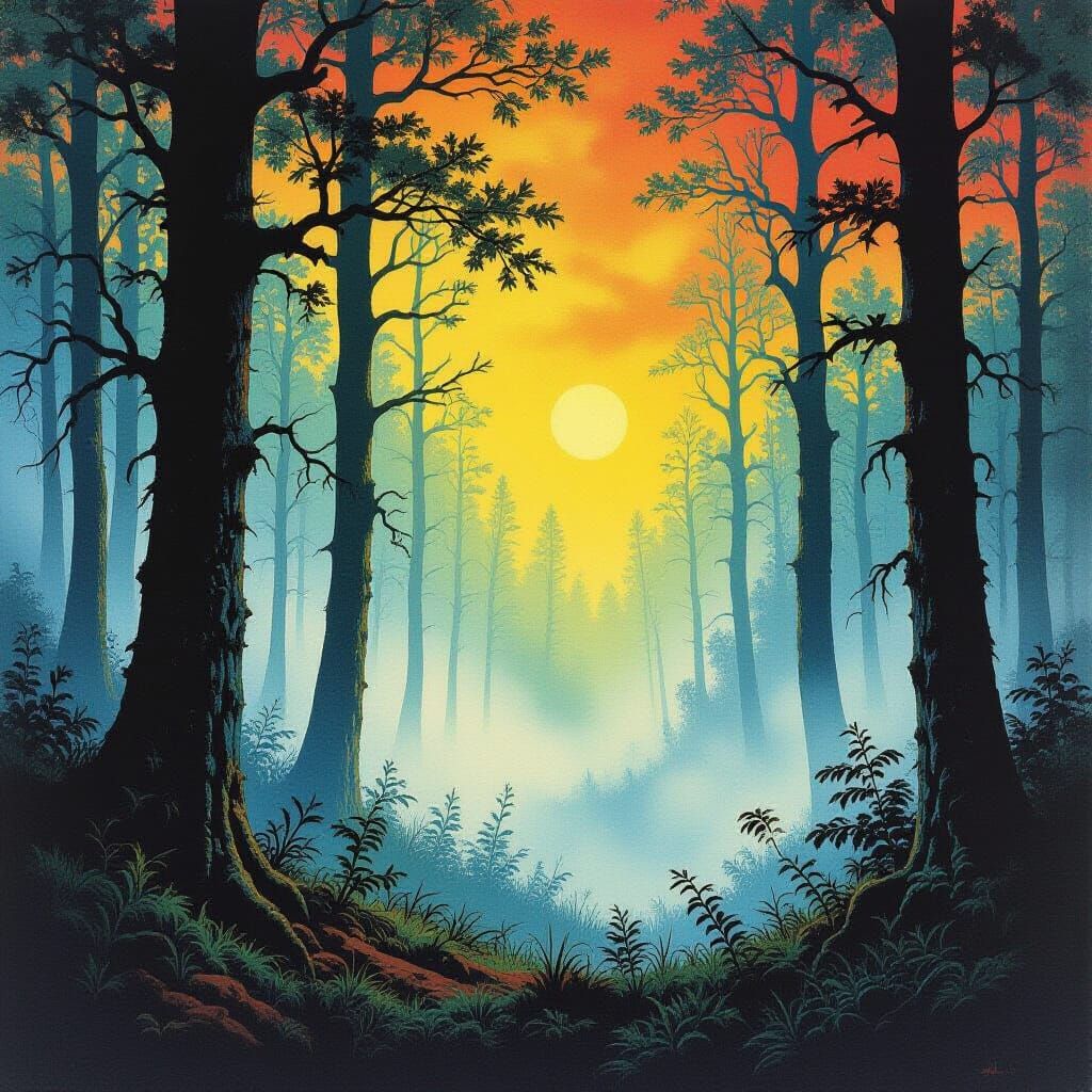 Foggy Forest in Dark Fantasy Lithograph Style