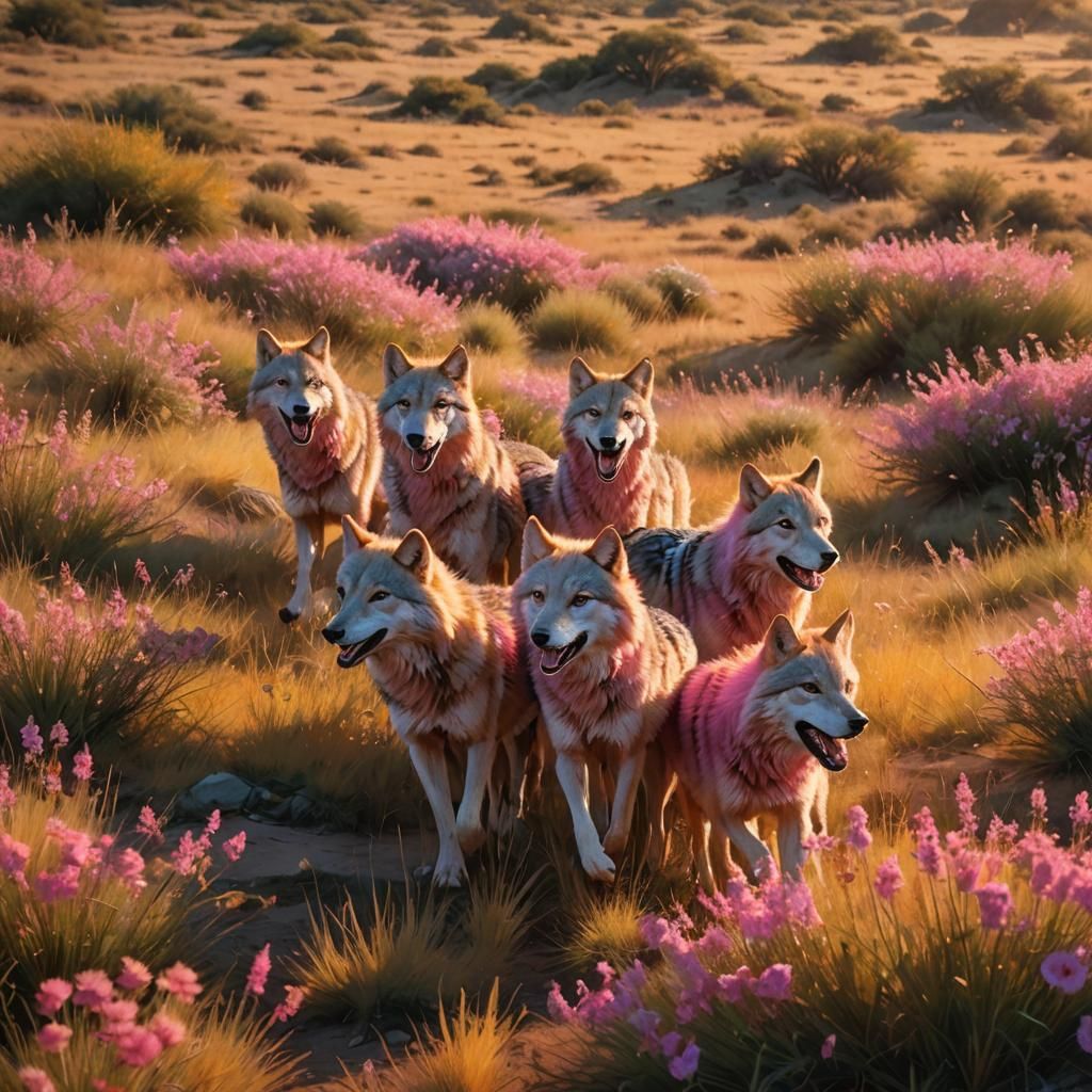 Pink Wolves Run in Rainbow Savannah: Magical Realism