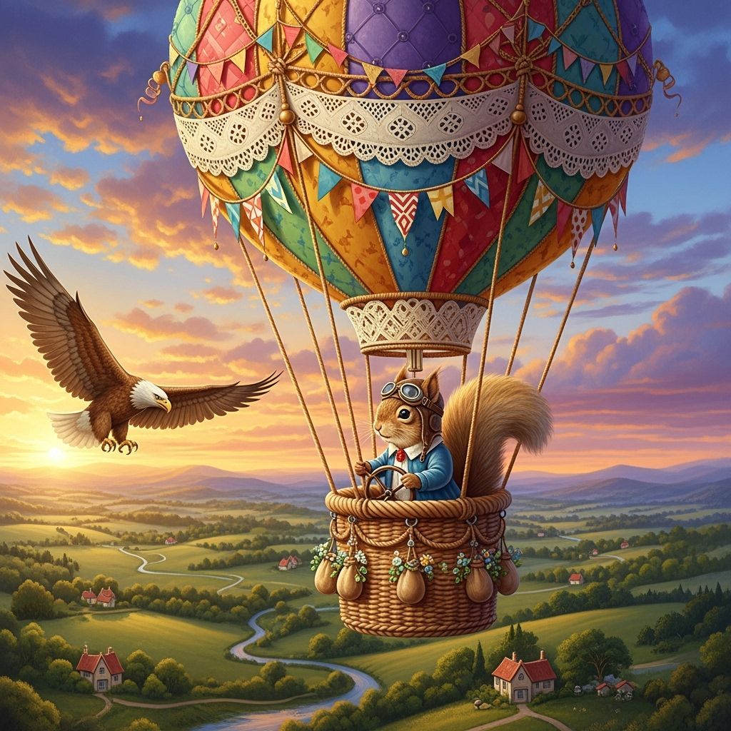 Squirrel's Sunset Balloon Ride: Whimsical Art
