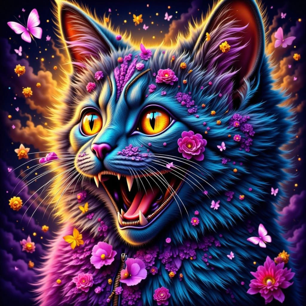 Surreal Cat Zipper Art with Outlined Teeth