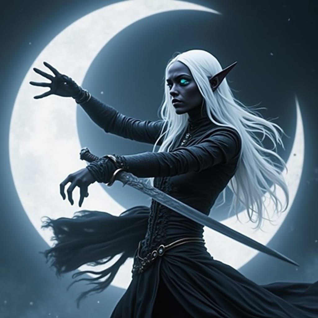 Drow Elf Rogue Maiden Dancing with Moonlight and Dagger