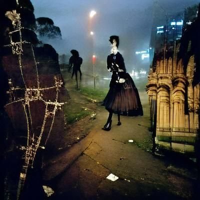Victorian Goth Zombie in City at Night Photograph