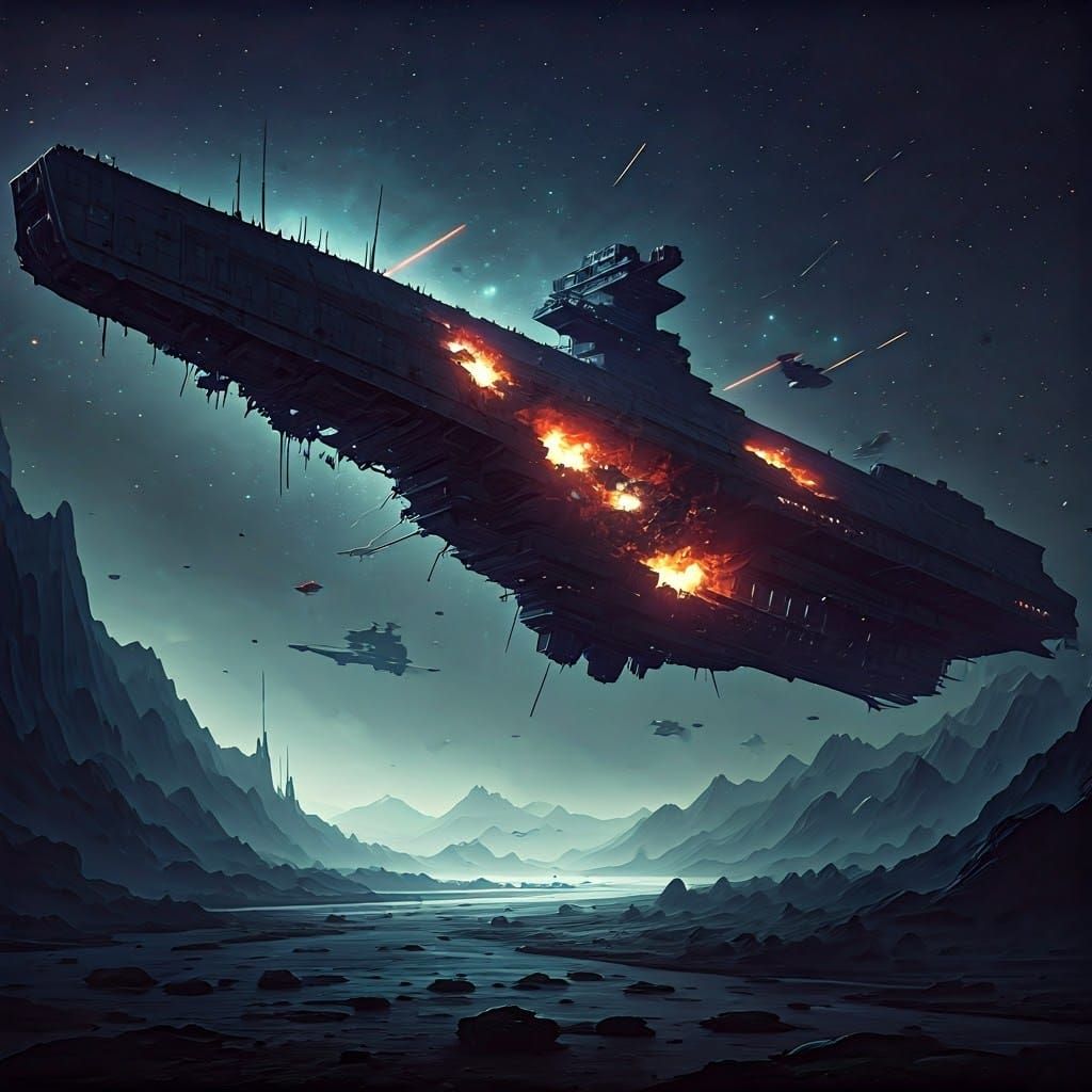 Burning Spaceship Battle in Industrial Futurism Style