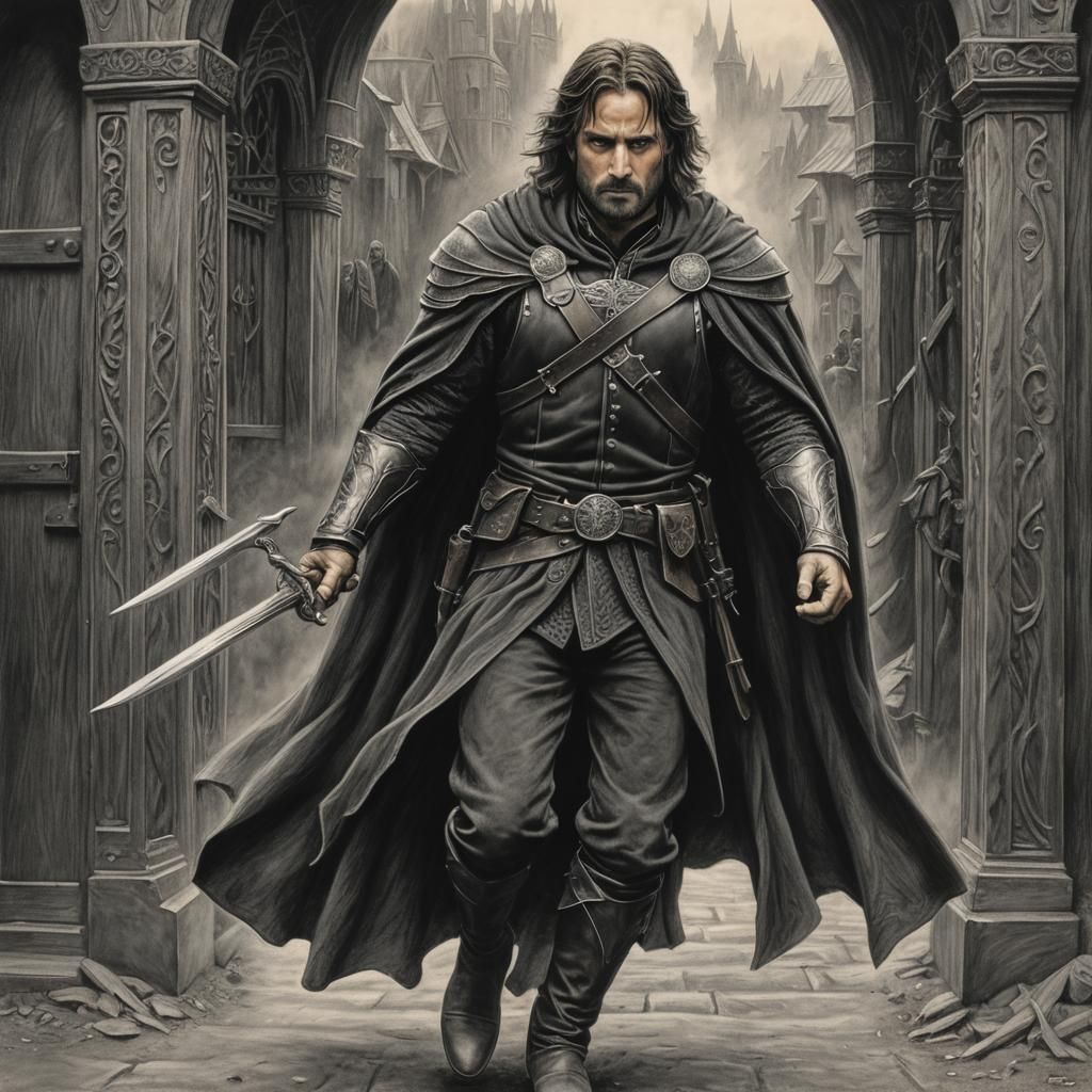 Epic Entrance of a Ranger, Charcoal Drawing