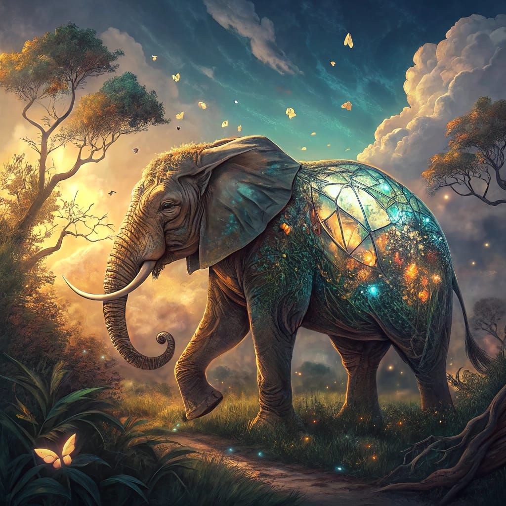 Ethereal Elephant in Stained Glass Realms