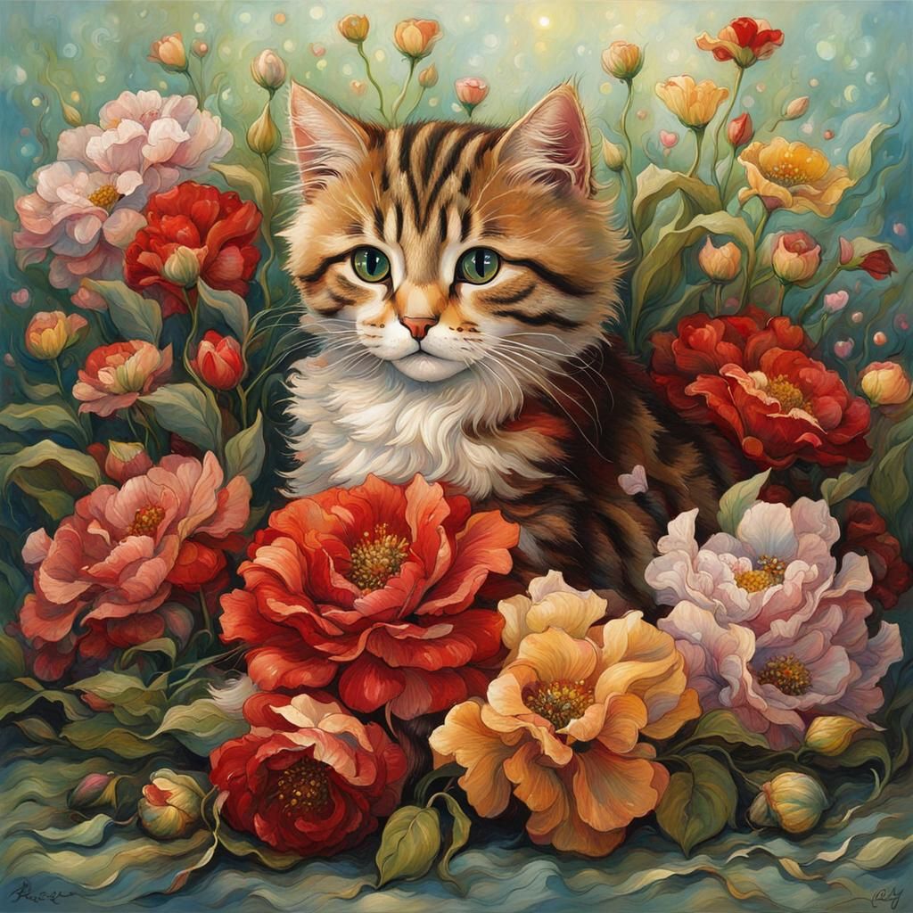 Cat with Flowers in Art Nouveau Style