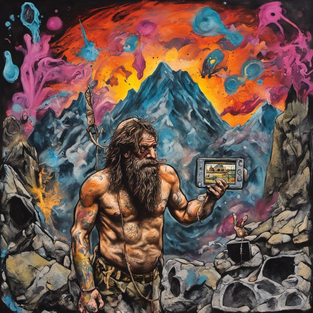 Caveman with Cell Phone in Graffiti Art Style