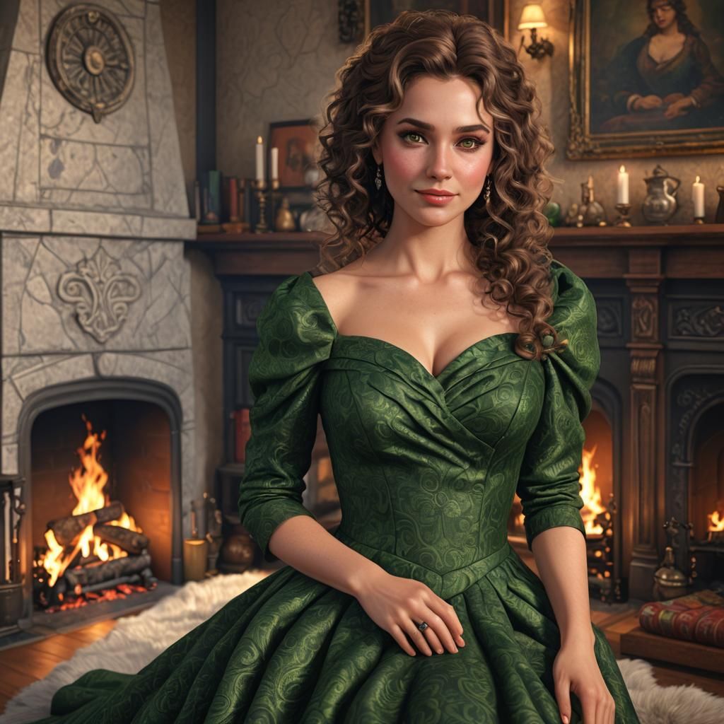 Gorgeous Brunette in Formal Dress by Fireplace