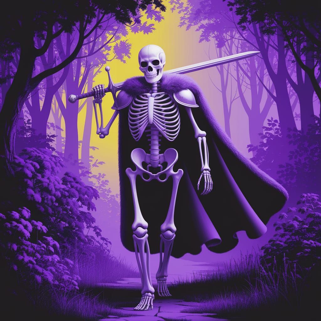 Dark Fantasy Skeleton Knight in Silver Armor Walks Through M...