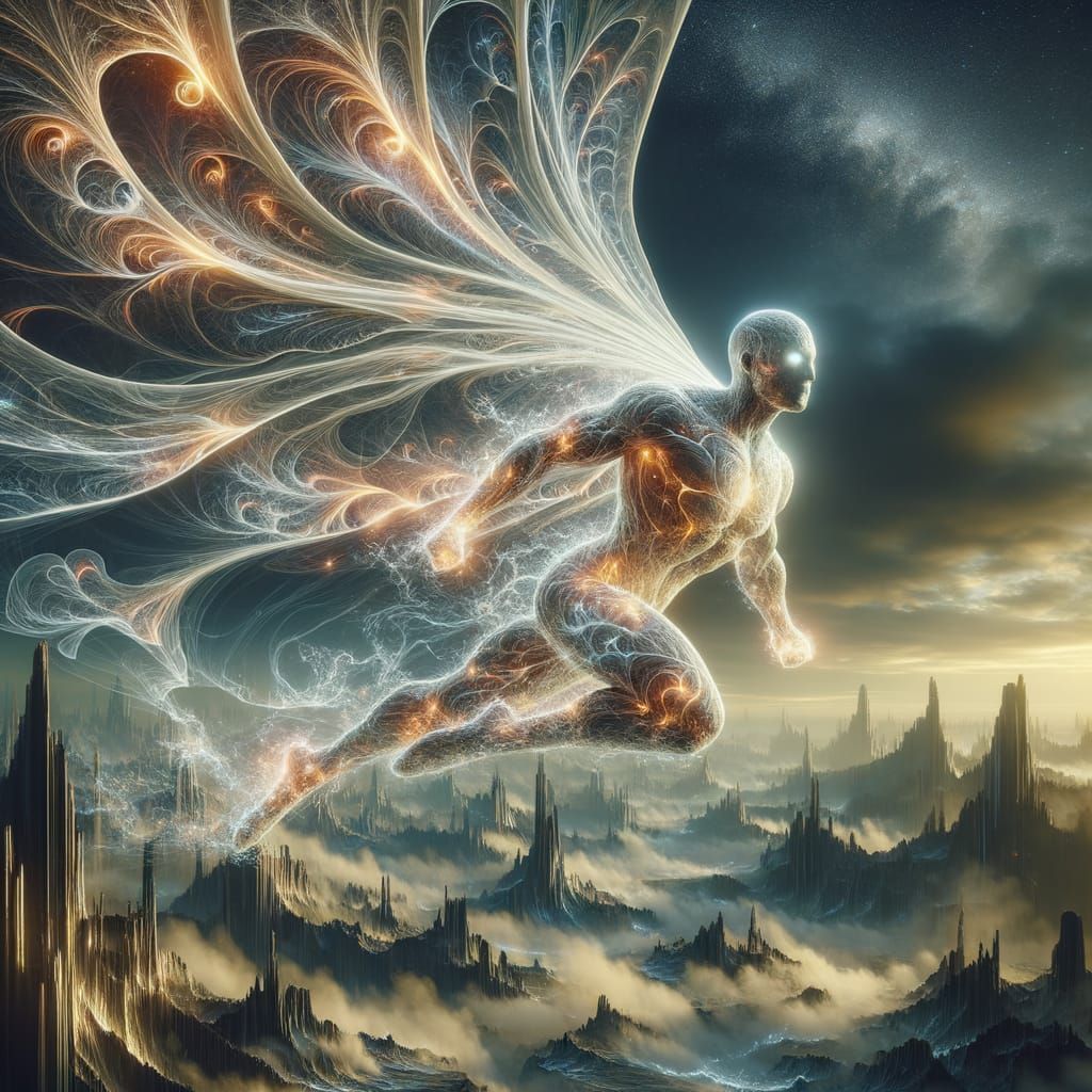 Faceless Hero Soaring Over Post-Apocalyptic Landscape