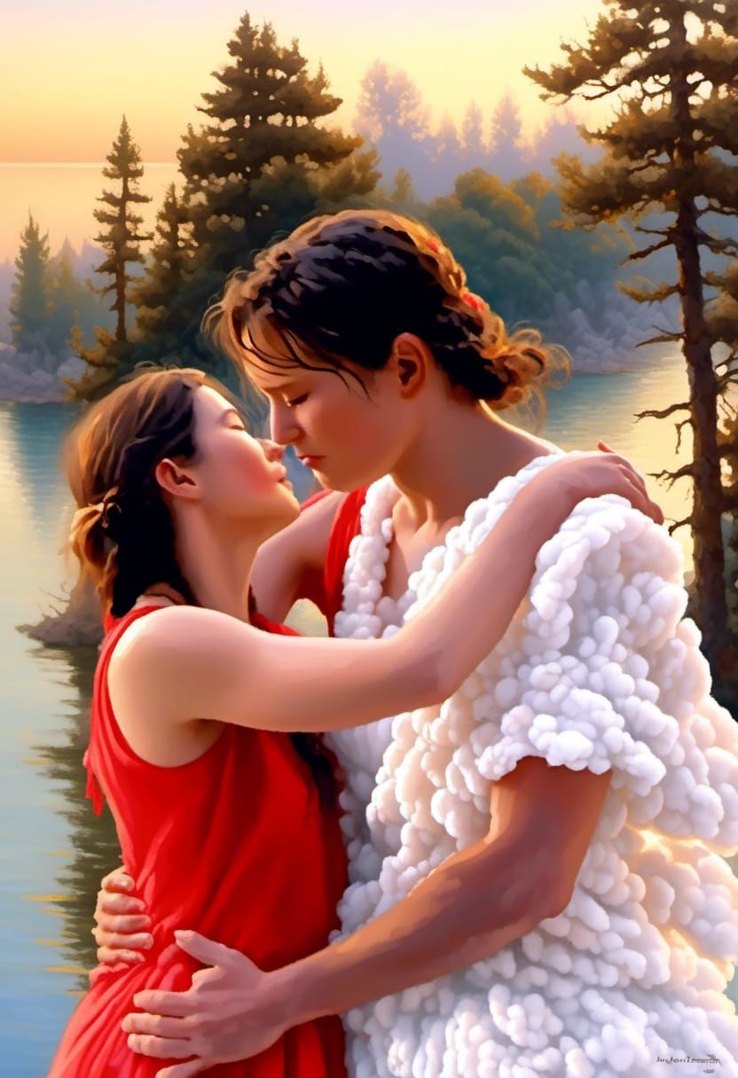 Romantic Impressionist Woman at Sunset Lake