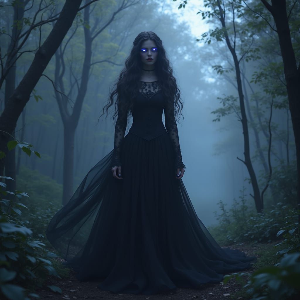 Enigmatic Violet-Eyed Witch in Moonlit Forest