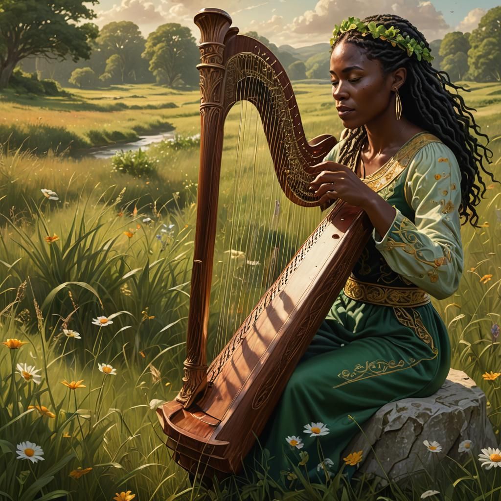Hyperrealistic Girl with Harp in Meadow