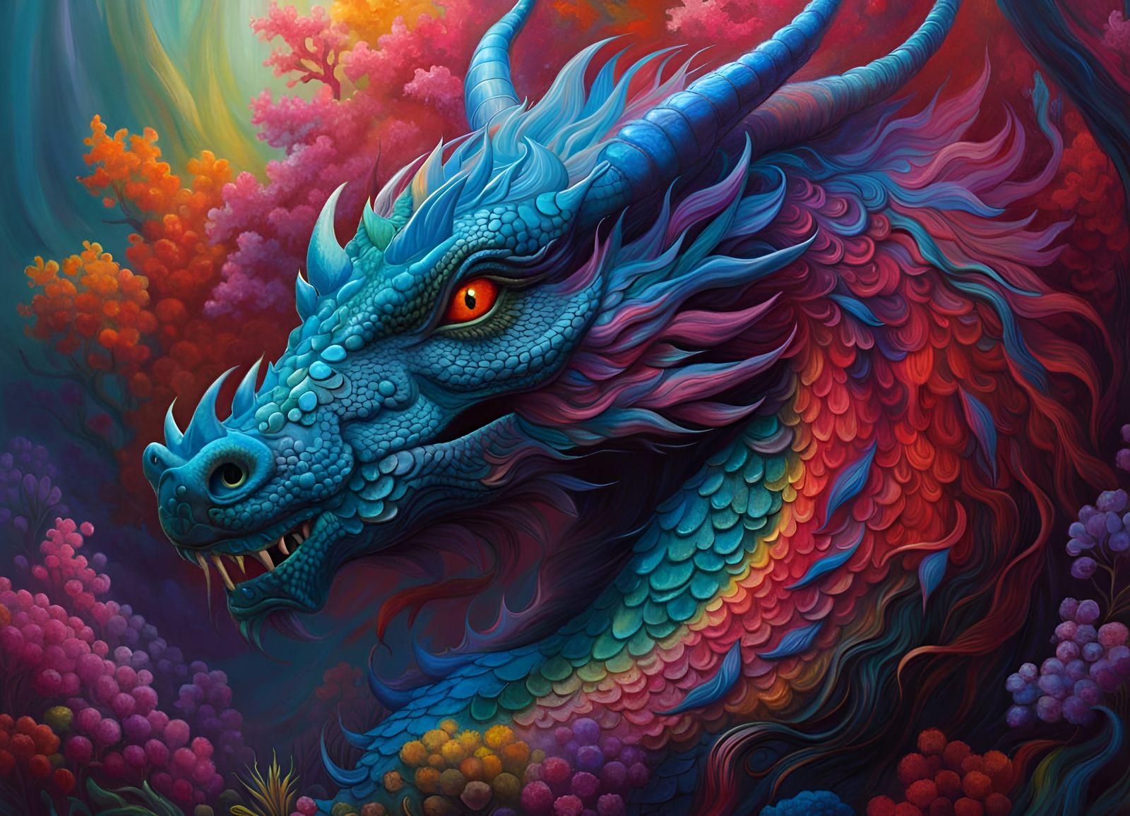 Ethereal Dragon in Rainbow Oil Painting