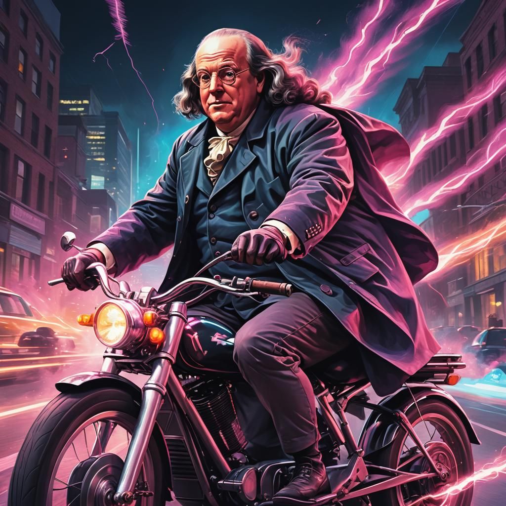 Benjamin Franklin Rides E-Bike in Synthwave Style