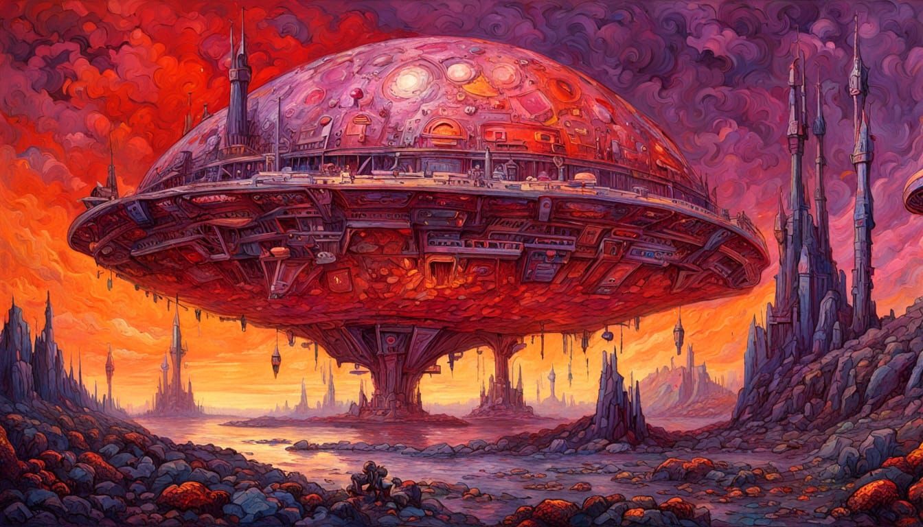 Cyberpunk Rocketship City on Alien Planet