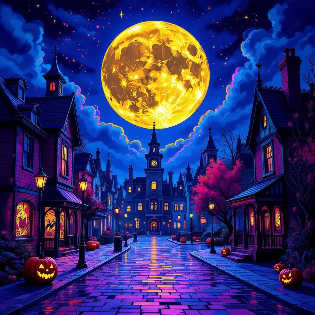 Vibrant Halloween Town Square with Splash Art Graffiti