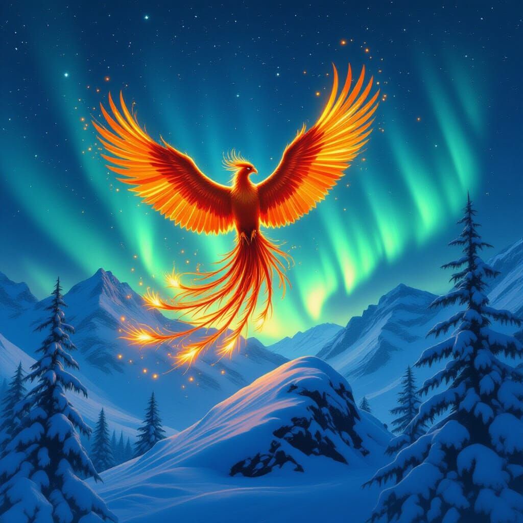Majestic Phoenix Rises from Snowy Peak Under Aurora