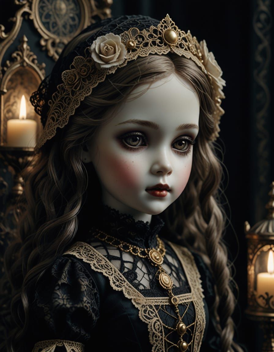 Victorian Gothic Porcelain Doll in Dark Romanticism Style