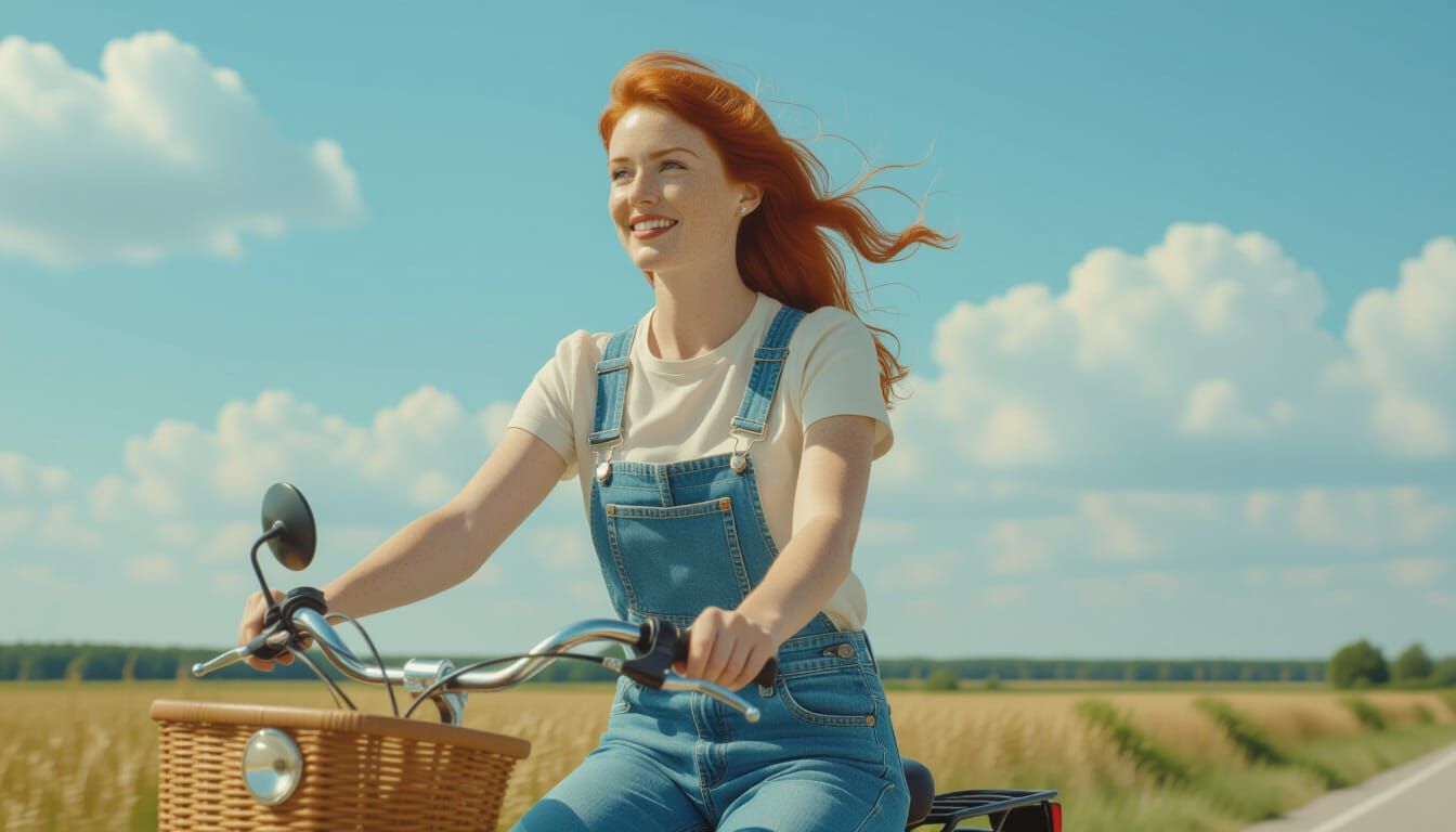 Redhead Woman Rides Bicycle on Sunny Day