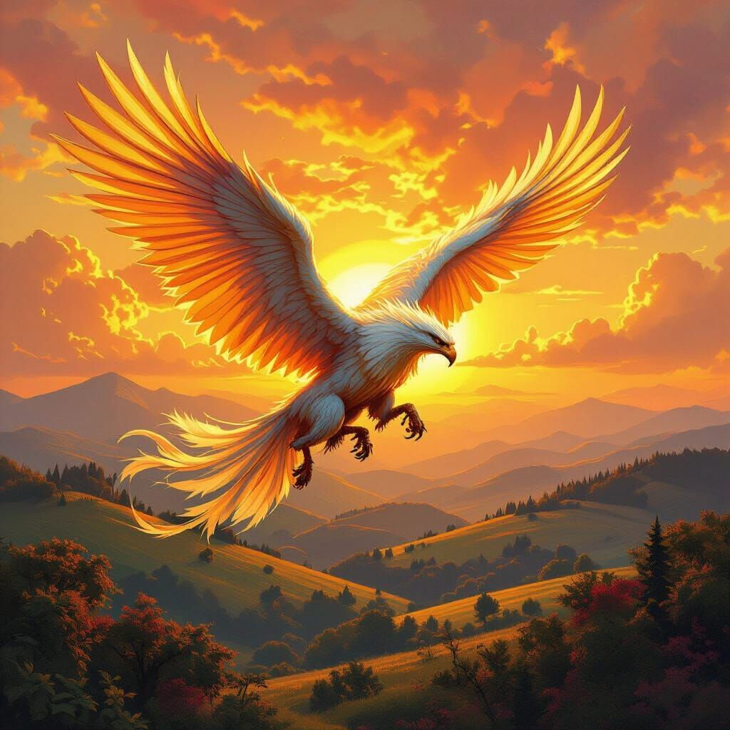 Griffin Soaring Through Sunset Sky in Fantasy Art Style