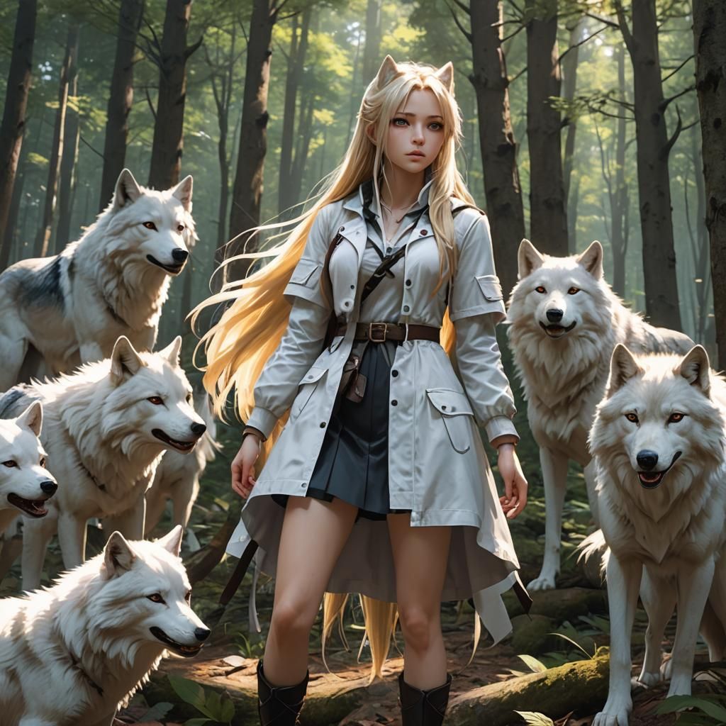 Anime Girl with Wolf in Forest: 3D Rendering