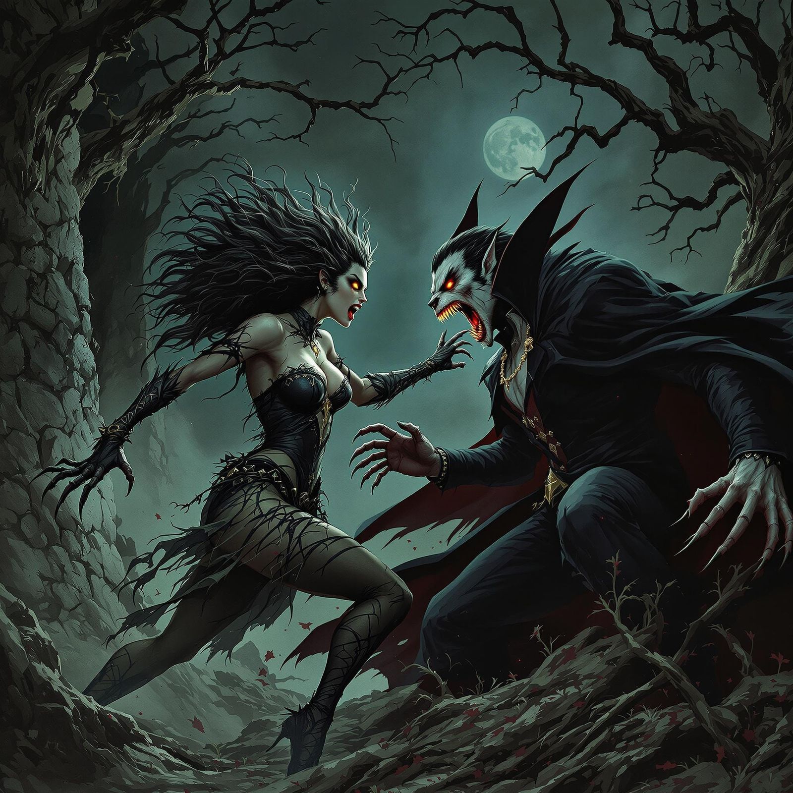 Werewolf Woman Battles Dracula in Dark Gothic Landscape