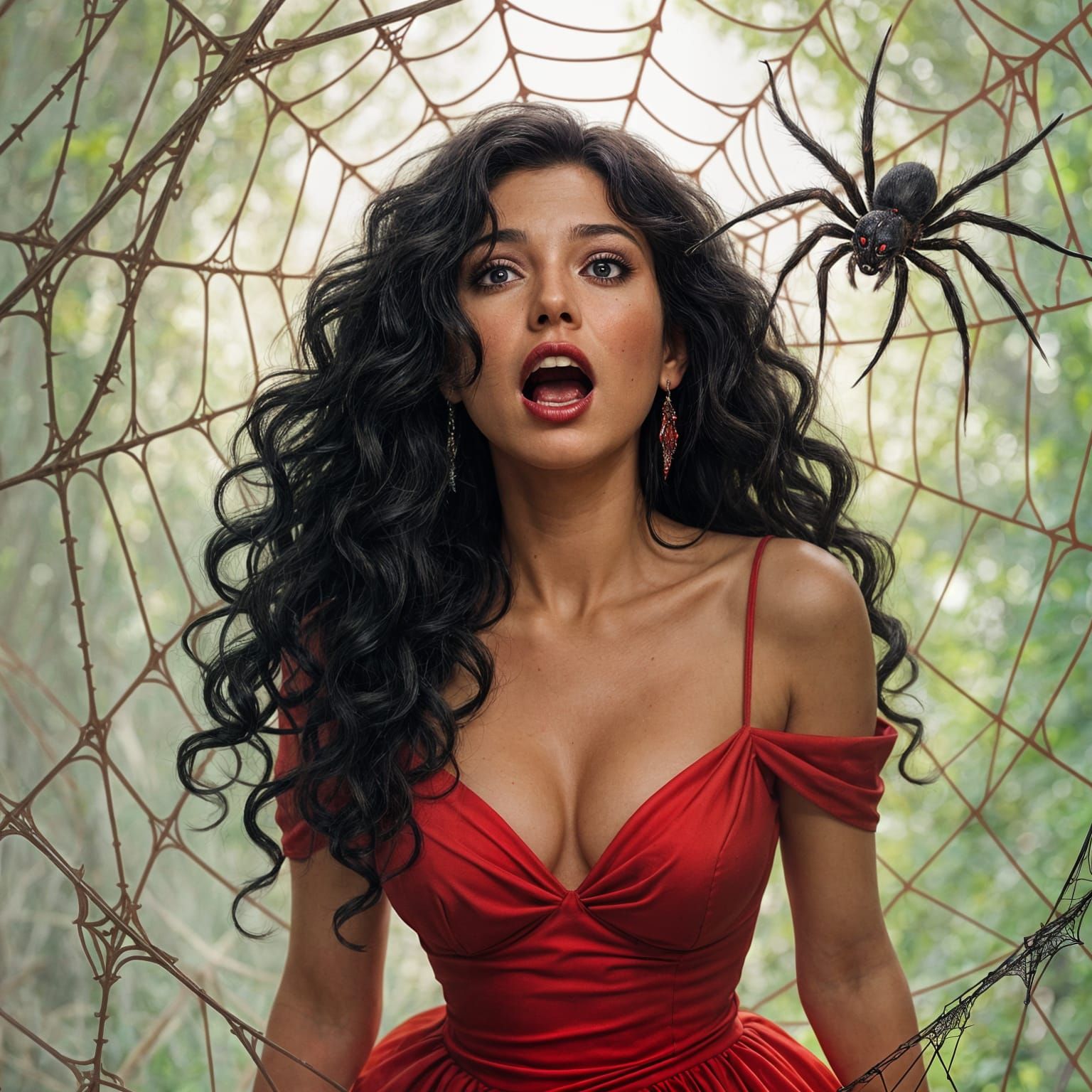 Hyperrealistic Halloween Spiderweb Scene with Woman