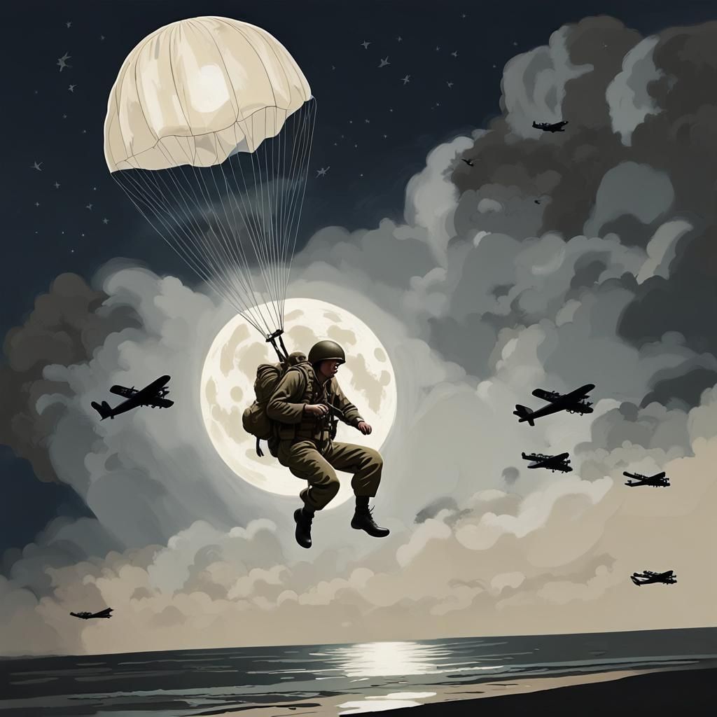 Normandy Airborne Descent Under Moonlight