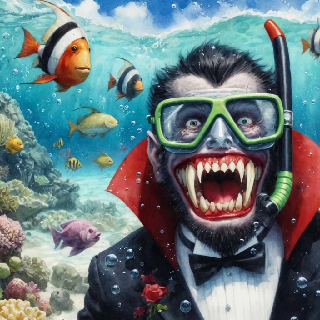 Extreme wide shot of (one traditional cartoon vampire:5.0) with large fangs, wearing a black tuxedo, a cape, and snorkel...