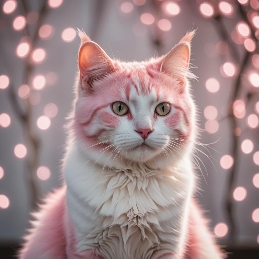 Luminescent Pink and White Cat in Bokeh