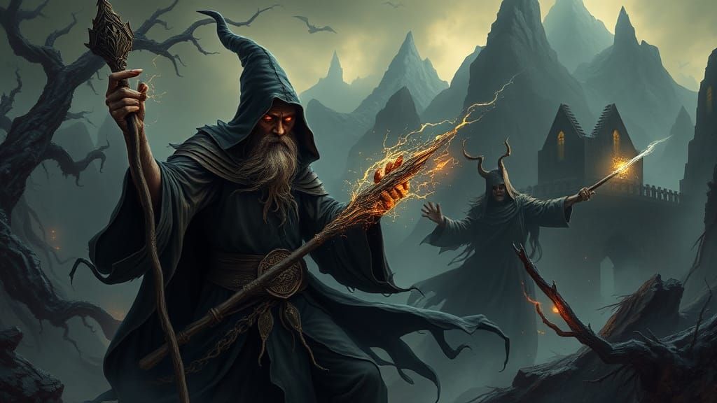Epic Warlock Wizard Duel in Dark Fantasy Landscape