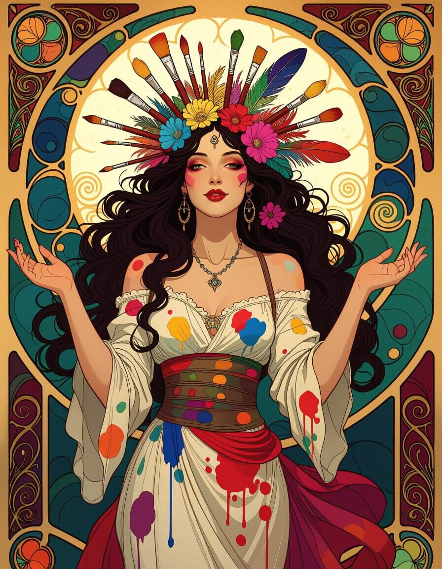 Bohemian Muse Embodies Creative Spirit in Art Nouveau Style