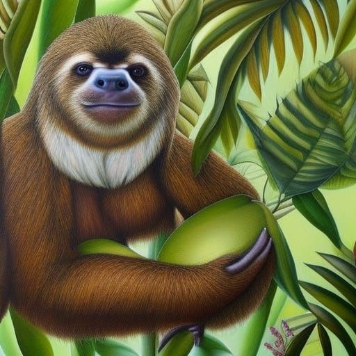 Detailed Sloth Painting in Fairy Tale Forest