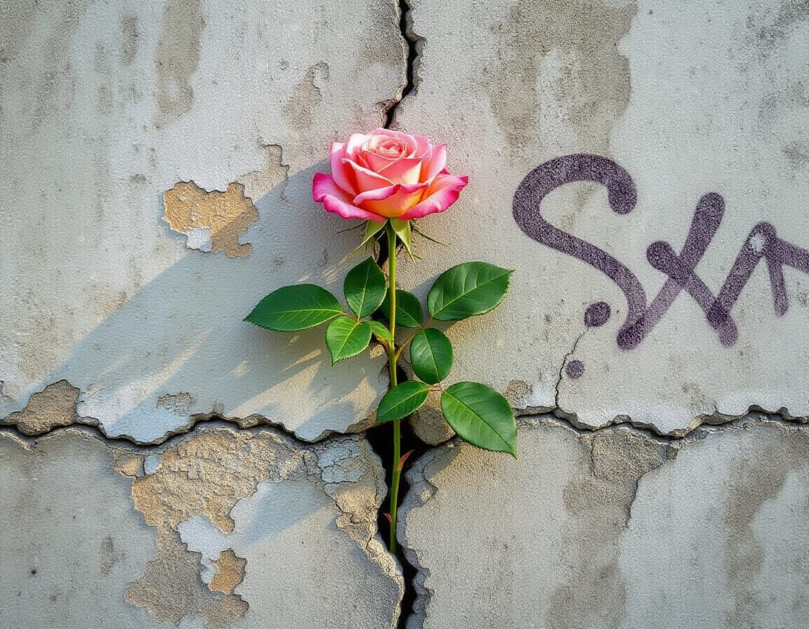 Resilient Rose: Hope in Concrete, Photorealistic Style