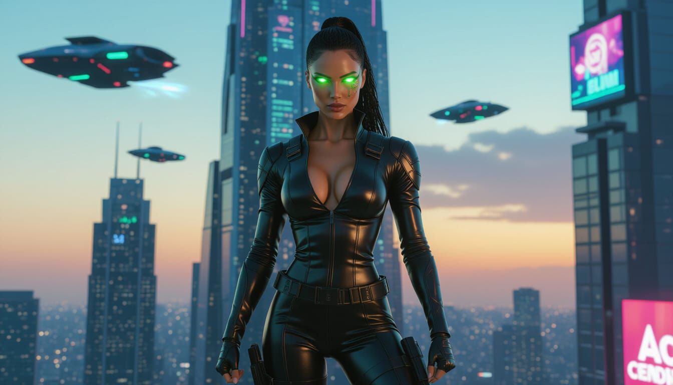 Cyberpunk Warrior on Futuristic Skyscraper