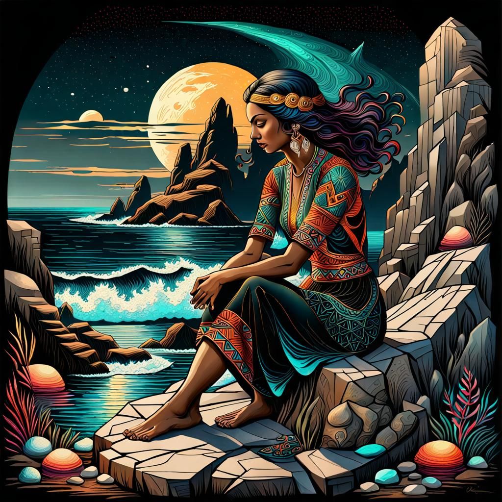 Girl by the Sea: Art Deco Graphic Drawing