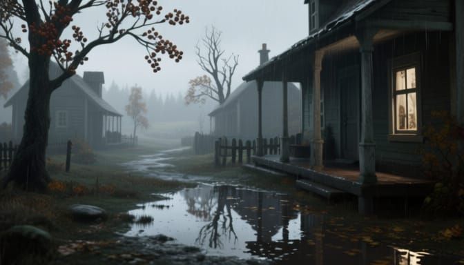 Rainy Village Scene in Eerie Photorealistic Style