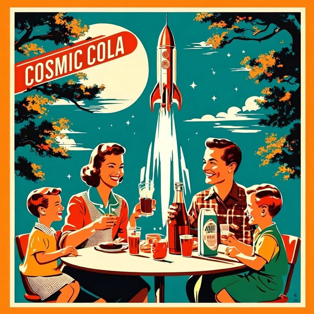 1950s Cosmic Cola Ad with Family and Rocket