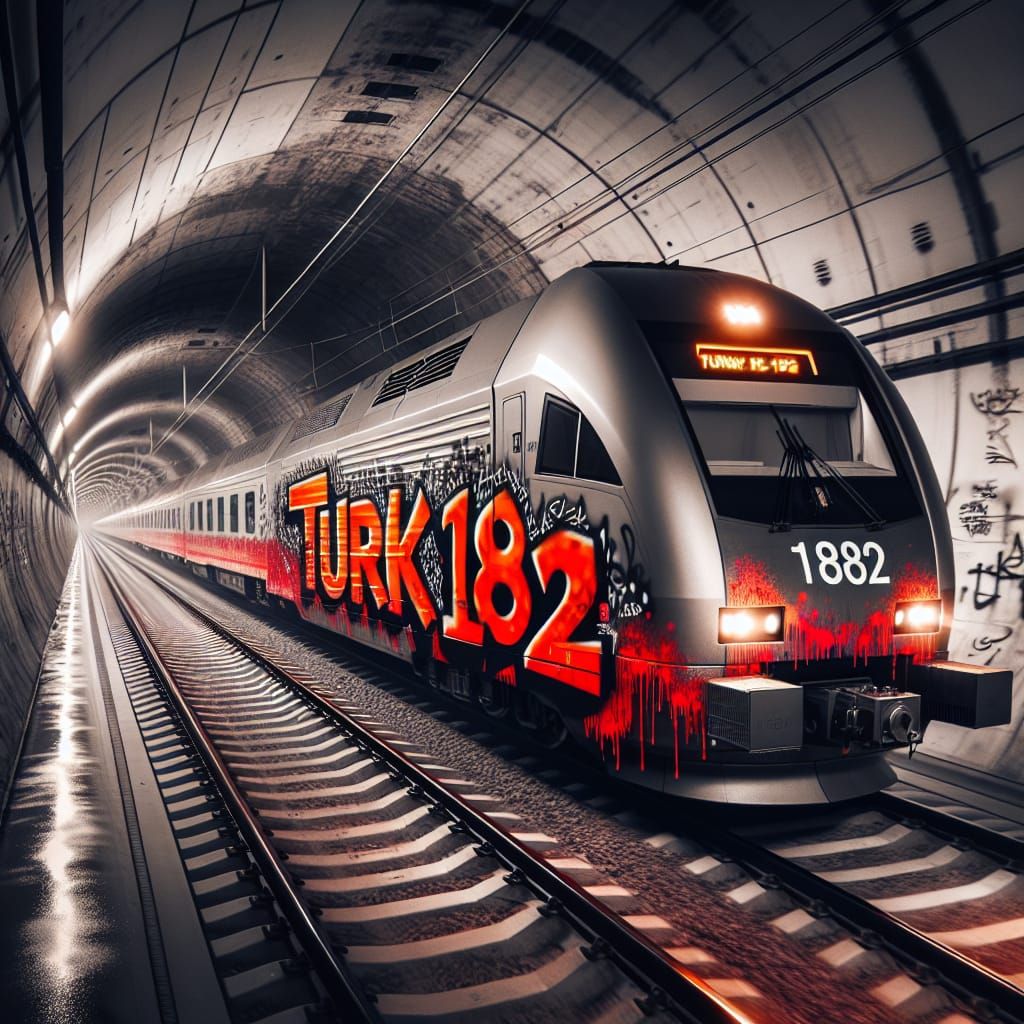 A shiny new train wits spray paint graffiti on it that says TURK 182 in black and red letters