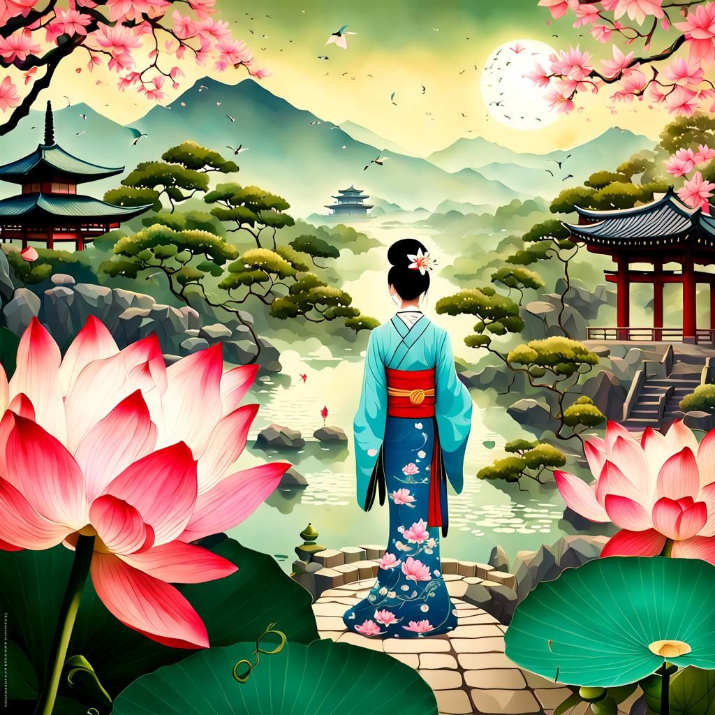 Dreamy Zen Garden with Geisha in Dali Style