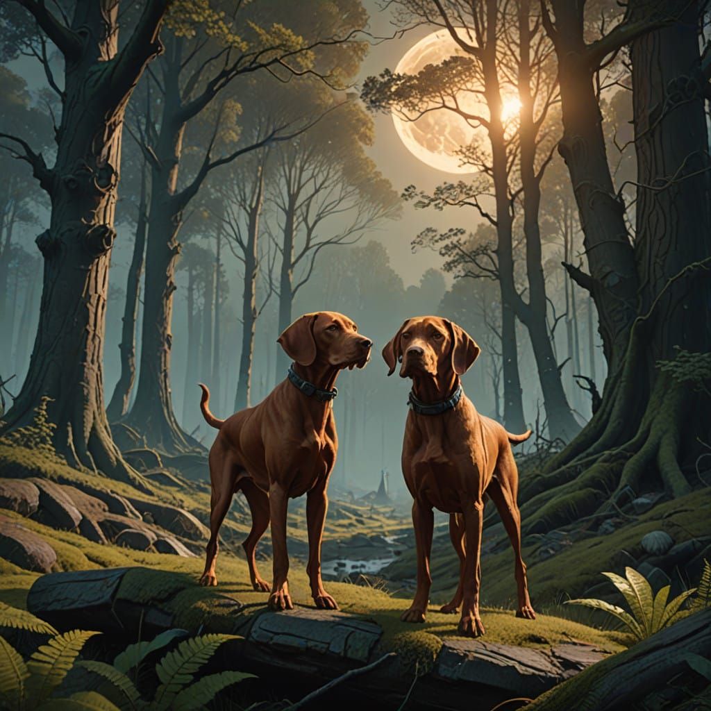 Ethereal Hungarian Vizsla in Whimsical, Moonlit Forest