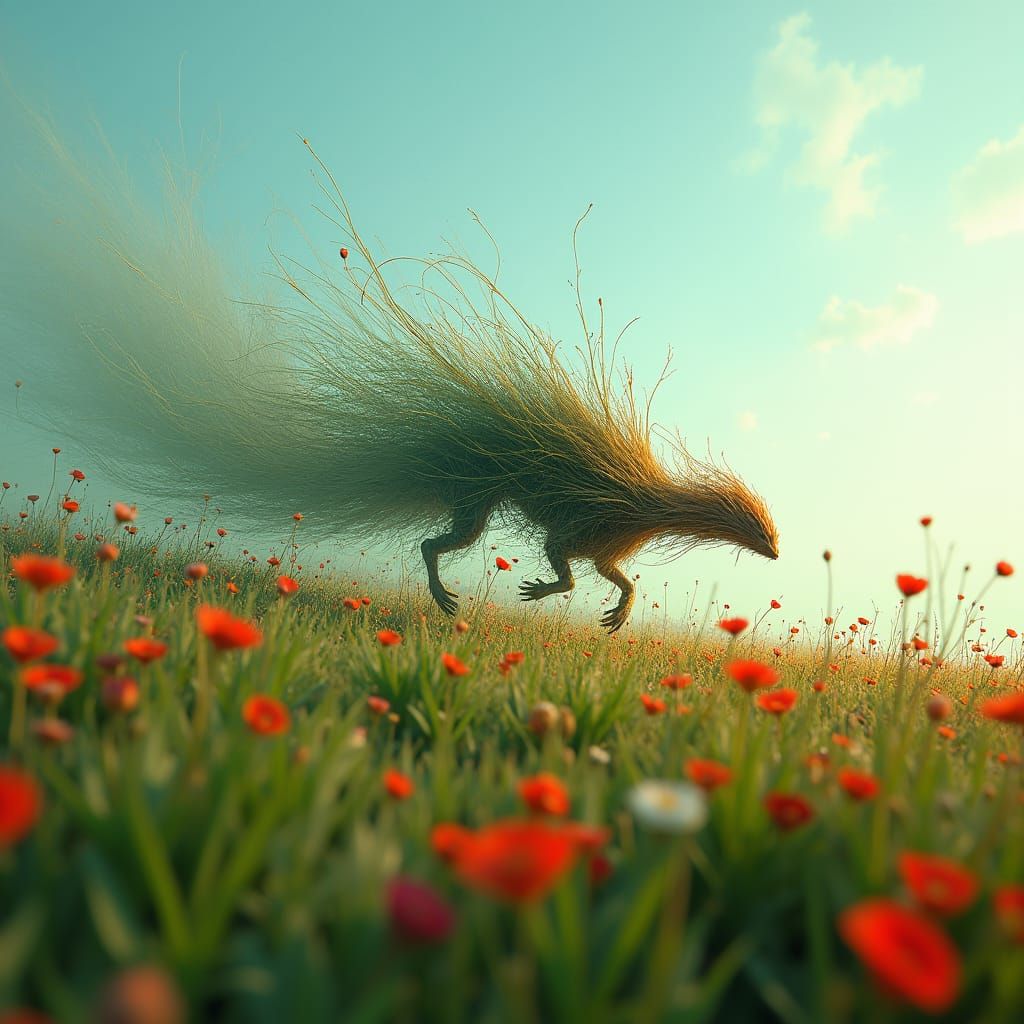 Surreal Creature Streaking Across a Vibrant Meadow