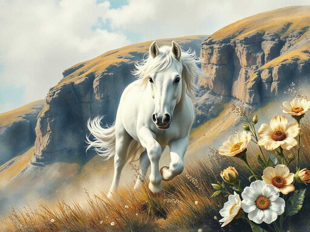 Pastel Horse Running Through Vibrant Landscapes in Soft, Tex...