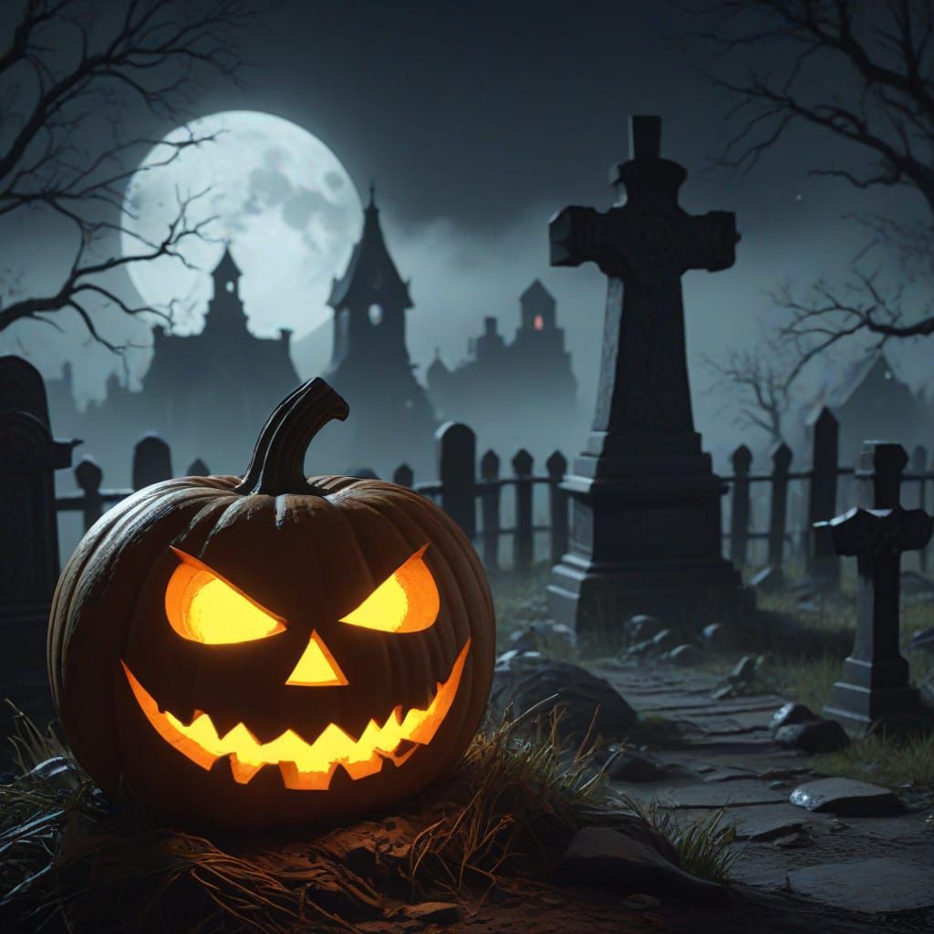 Terrifying Jack-o'-Lantern in Eerie Graveyard Mist