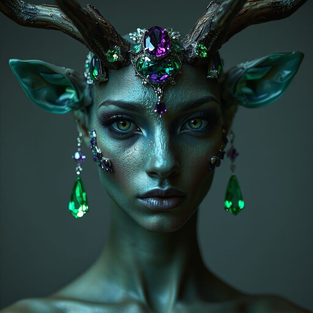 Ethereal Woman-Deer Hybrid with Emeralds and Amethysts