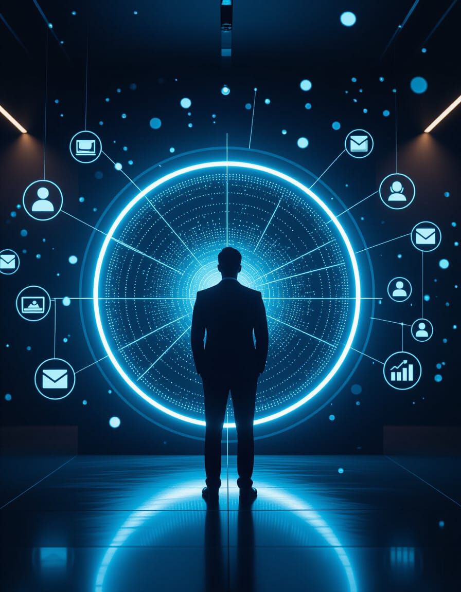 Professional Man and Glowing Portal in Digital Realism