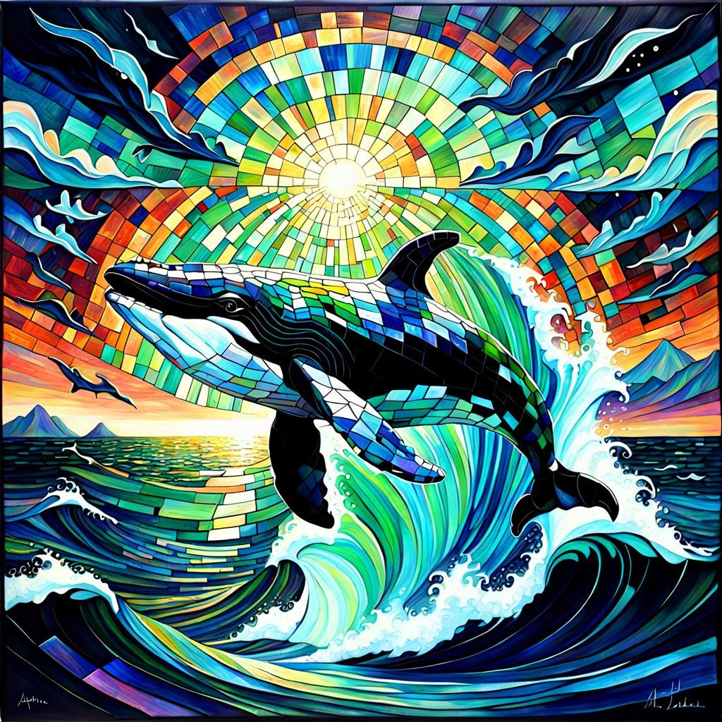 Breaching Whale Seascape in Hypermodern Acrylic Mosaic